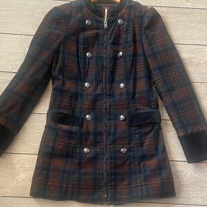 Free People Plaid Double-Breasted Trench Coat - Black and Brown